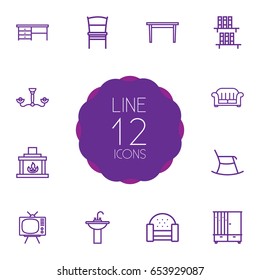 Set Of 12 Decor Outline Icons Set.Collection Of Washbasin, Desk, Hall Tree And Other Elements.