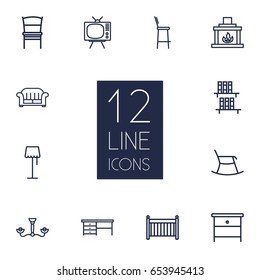 Set Of 12 Decor Outline Icons Set.Collection Of Tv Set, Bookshelf, Bar Stool And Other Elements.