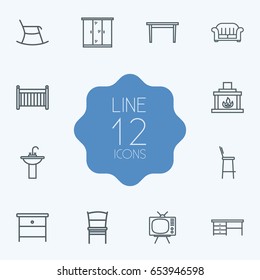 Set Of 12 Decor Outline Icons Set.Collection Of Tv Set, Chair, Crib And Other Elements.
