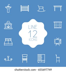 Set Of 12 Decor Outline Icons Set.Collection Of Moving Chair, Washbasin, Double Bed And Other Elements.