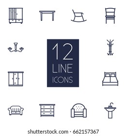 Set Of 12 Decor Outline Icons Set.Collection Of Drawer Unit, Chair, Chandelier Elements.
