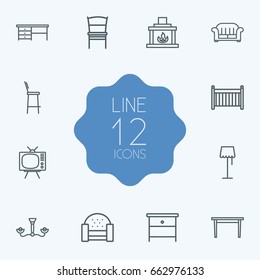 Set Of 12 Decor Outline Icons Set.Collection Of Fireplace , Chandelier, Floor Lapm Elements.
