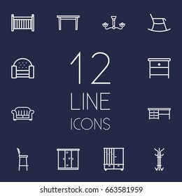 Set Of 12 Decor Outline Icons Set.Collection Of Crib, Desk, Closet And Other Elements.