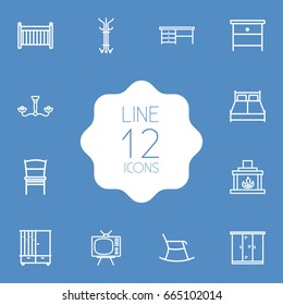 Set Of 12 Decor Outline Icons Set.Collection Of Hall Tree, Tv Set , Chandelier Elements.