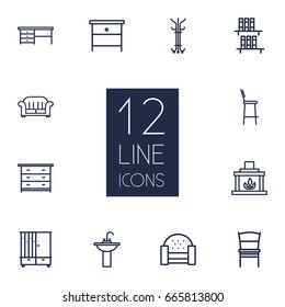 Set Of 12 Decor Outline Icons Set.Collection Of Hanger, Nightstand, Bar Stool Elements.