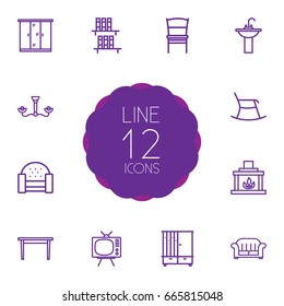 Set Of 12 Decor Outline Icons Set.Collection Of Bookshelf, Armchair, Fireplace And Other Elements.