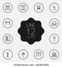 Set Of 12 Decor Outline Icons Set.Collection Of Floor Lapm, Nightstand, Chair Elements.