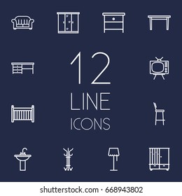 Set Of 12 Decor Outline Icons Set.Collection Of Armchair, Hall Tree, Washbasin And Other Elements.