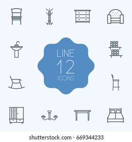 Set Of 12 Decor Outline Icons Set.Collection Of Drawer Unit, Hall Tree, Bookshelf And Other Elements.