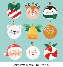 Set of 12 decorative christmas ball with cute animal in flat vector style