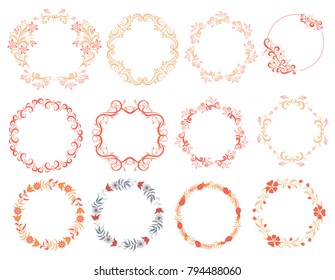 Set of 12 decorative frames, wreaths. Vintage style. Patterned swirls, flowers and leaves. Vector illustration.