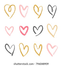 Set of 12 decorative hearts. Hand drawn colorful messy shapes isolated on white background. Stylish vector design elements for valentines day, wedding or logo creation.