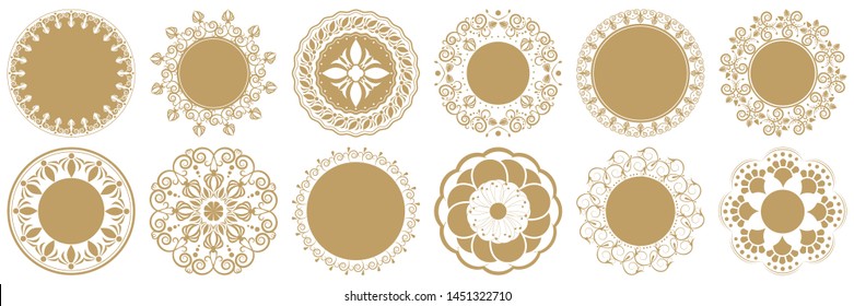 Set of 12 decorative round design frames with abstract floral pattern. Circle frame. Templates for printing cards, invitations, books, textiles, engraving, wooden furniture, forging. Vector