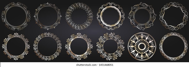 Set of 12 decorative round design frames with abstract floral pattern. Circle frame. Templates for printing cards, invitations, books, textiles, engraving, wooden furniture, forging. Vector