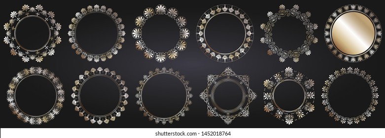 Set of 12 decorative round design frames with abstract floral pattern. Circle frame. Templates for printing cards, invitations, books, textiles, engraving, wooden furniture, forging. Vector