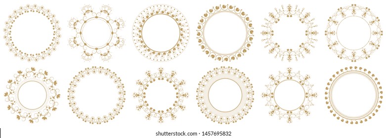 Set of 12 decorative round design frames with abstract floral pattern. Circle frame. Templates for printing cards, invitations, books, textiles, engraving, wooden furniture, forging. Vector