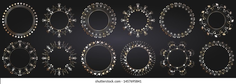 Set of 12 decorative round design frames with abstract floral pattern. Circle frame. Templates for printing cards, invitations, books, textiles, engraving, wooden furniture, forging. Vector