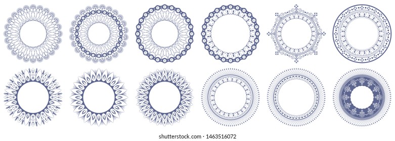 Set of 12 decorative round design frames with abstract floral pattern. Circle frame. Templates for printing cards, invitations, books, textiles, engraving, wooden furniture, forging. Vector