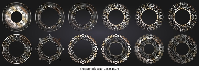Set of 12 decorative round design frames with abstract floral pattern. Circle frame. Templates for printing cards, invitations, books, textiles, engraving, wooden furniture, forging. Vector