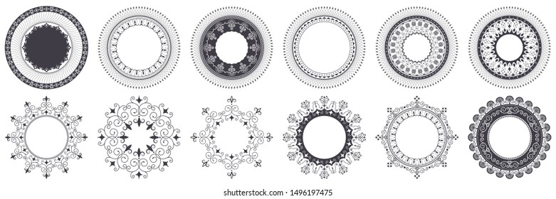 Set of 12 decorative  round frames with abstract floral ornament. Circular frames. Elegant elements for design. Vector.