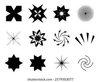 Set of 12 Decorative Starburst, Arrow, Spiral and Floral Shapes Collection. Unique Star, Circle, Swirl and Ornamental Icon Set. y2k Line Art Style Basic Shapes Geometric Graphic Elements.