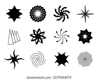 Set of 12 Decorative Starburst, Arrow, Spiral and Floral Shapes Collection. Unique Star, Circle, Swirl and Ornamental Icon Set. y2k Line Art Style Basic Shapes Geometric Graphic Elements.