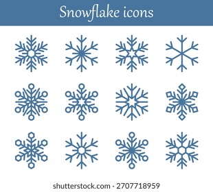 A set of 12 delicate blue snowflakes, ideal for Christmas and New Year cards, winter prints, festive invitations, seasonal decor and design projects. Collection of snowflake winter decoration. Vector