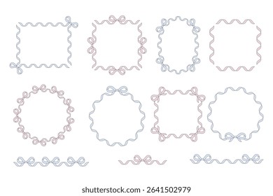 Set of 12 delicate decorative frames made of pink and blue ribbons with bows. Perfect for cards, baby designs, packaging, weddings, and celebrations.