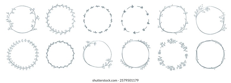 Set of 12 delicate, hand-drawn floral wreaths. Each wreath features unique floral designs, perfect for invitations, cards, or decorative projects. Frame element vector set.