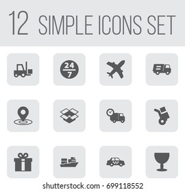 Set Of 12 Delivery Icons Set.Collection Of Transportation, Lorry, Service And Other Elements.
