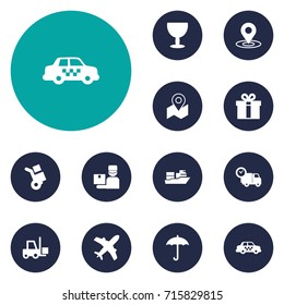 Set Of 12 Delivery Icons Set.Collection Of Umbrella, Transportation, Cab And Other Elements.