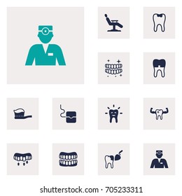 Set Of 12 Dental Icons Set.Collection Of Toothpaste, Dentist, Brace And Other Elements.