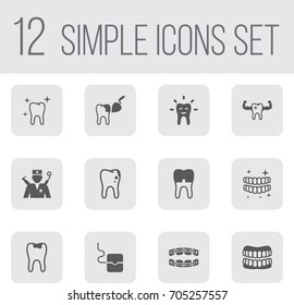 Set Of 12 Dentist Icons Set.Collection Of Decay, Prosthesis, Procedure And Other Elements.