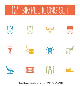 Set Of 12 Dentist Icons Set.Collection Of Caries, Dental Crown, Tooth And Other Elements.