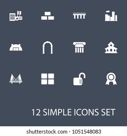 Set of 12 design icons set. Collection of warehouse, mansion, bridgework and other elements.