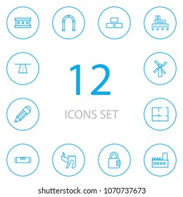 Set of 12 design icons line style set. Collection of road, doorway, padlock and other elements.