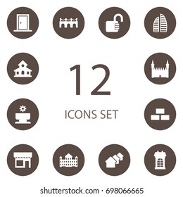 Set Of 12 Design Icons Set.Collection Of Medieval Castle, Brickwork, Bedroom And Other Elements.