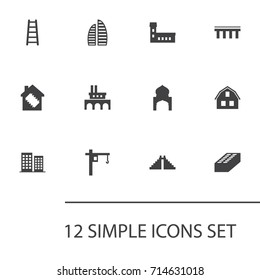 Set Of 12 Design Icons Set.Collection Of Aztec Pyramid, Factory, Temple And Other Elements.