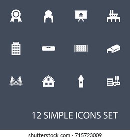Set Of 12 Design Icons Set.Collection Of Belfry, Shop, Factory And Other Elements.