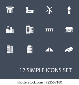 Set Of 12 Design Icons Set.Collection Of Urban Estate, Farm Mill, Belfry And Other Elements.