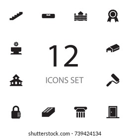 Set Of 12 Design Icons Set.Collection Of Stone, Lock, Warehouse And Other Elements.