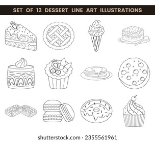 Set of 12 dessert line art illustrations. Cute flat vector illustration with dessert theme. Food.