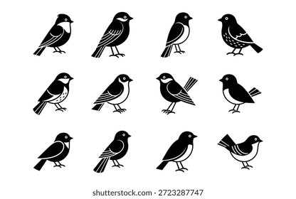 Um conjunto de 12 diferentes silhuetas de aves em preto e branco, apresentando várias poses e estilos de pássaros.