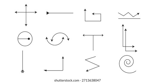 A set of 12 different black arrow symbols and diagrams on a white background, showcasing various shapes and directions