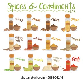 Set of 12 different culinary species and condiments in cartoon style. Set 2 of 2