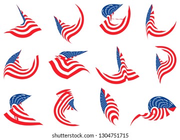 Set of 12 different curved USA star flag logo stripes design elements vector icons on white background Eps10 