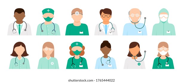 Set of 12 different diverse doctor icons in lab coats and scrubs with and without stethoscopes isolated on white, colored vector illustration