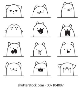 Set of 12 different doodle emotions cat. Smile for design. Anime Icons.. Anger and joy. Surprised, hurt. Indifference,  shock. Laughter,  tears.  bewilderment