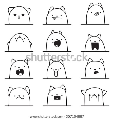 Set of 12 different doodle emotions cat. Smile for design. Anime Icons.. Anger and joy. Surprised, hurt. Indifference,  shock. Laughter,  tears.  bewilderment