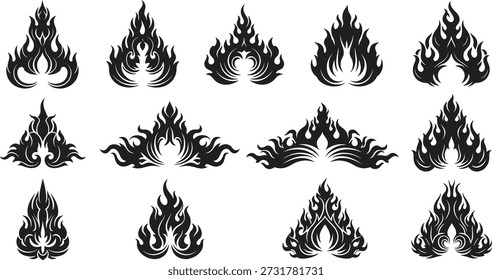 A set of 12 different flame designs in black, showcasing various shapes and styles.